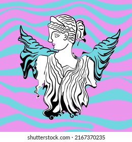 greek trippy woman statue with blue wings in psychedelic style deformed melted, outline vector illustration on wavy background
