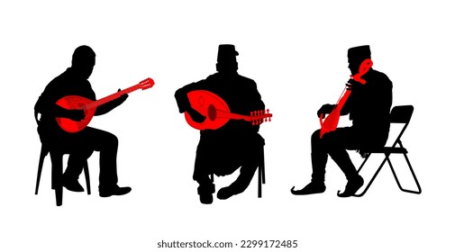 Greek, Turkish, Balkan folklore music silhouette trio. Bouzouki player. Oriental Balgama shape zurna. Serbian musician guslar on instrument gusle. Bosnia folk artist. Arab man play oud, lute mandolin.