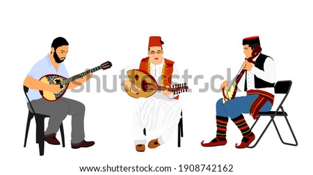 Greek, Turkish and Balkan folklore music trio. Bouzouki player and oriental Balgama, zurna with Serbian musician guslar on instrument gusle. Bosnia folk artists. Arab man play oud, lute or mandolin.