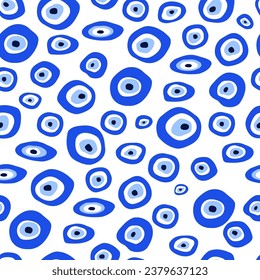 Greek or Turkish evil eye amulet seamless pattern. Blue Nazar talisman amulet repeat background. Vector lucky symbol print textile design, wrap paper, wallpaper. Cartoon hand drawn eye of providence.