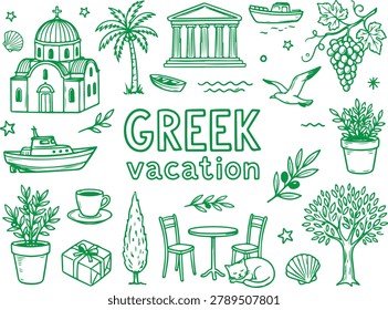 Greek vacation doodle set with landmarks, nature, and travel