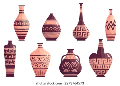 Greek vase ancient jar set isolated. Ceramic vase with greek symbol. Cartoon vector illustration. Pottery jar earthenware antique design