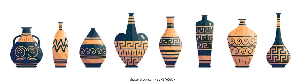 Greek vase ancient jar set isolated. Ceramic vase with greek symbol. Cartoon vector illustration. Pottery jar earthenware antique design