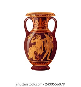 Greek vase. Ancient pottery vector. 3d antique amphora with greek roman mythology. Old vase painting art with god and goddess myth. Vintage classic red figure ceramic jug urn with Adonis and Aphrodite