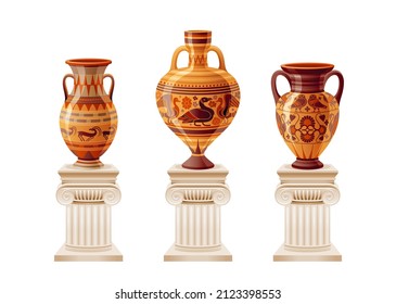 Greek vase. Ancient vector museum pillar with vase. Roman greek column illustration. Greece classic urn, amphora, jar isolated on white pillar pedestal. Antique art exhibition element set collection