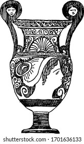 Greek Vase was made in Apulia, it’s a  Greek excavation pottery, pottery down to the Hellenistic era, vintage line drawing or engraving illustration.