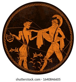 Greek vase painting concept. Meander circle style. Red figure techniques. Ancient Greece art. Mythology and legends 