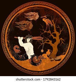 Greek vase painting concept. Medusa Gorgon. Ancient Greece art. Mythology and legends. Meander circle style. Red figure techniques 