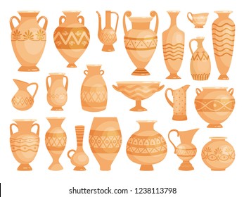 Greek vases. Ancient decorative pots isolated on white background, old antique clay greece pottery ceramic bowls vector illustration