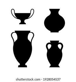 Greek Vases Black Silhouettes in A Simple Style. Vector Illustrations of various Clay Vessels for creating Patterns, Prints, Posters, Collages and more.