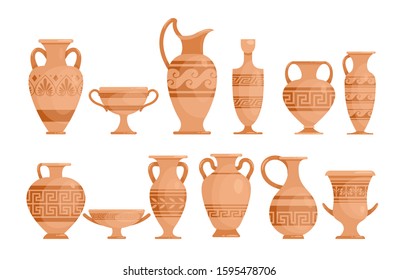 Greek vases flat vector illustrations set. Ceramic antique amphora with patterns collection. Ancient Greece potter with ornament isolated design elements pack. Old Roman handmade clay pots.