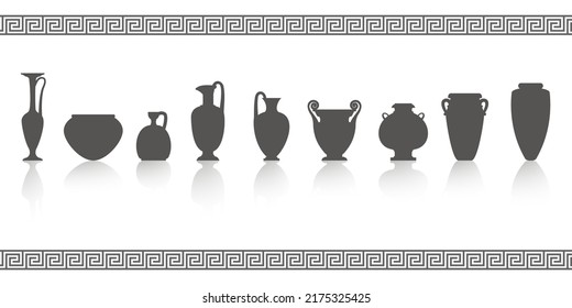 Greek vases silhouettes. Ancient amphoras and pots glyph illustration. Clay ceramic earthenware. Vector.