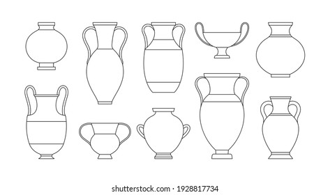 Greek Vases in A Trendy Minimal Linear Style. Vector Illustrations of various Clay Vessels for creating Patterns, Prints, Posters, Collages, Logos, and more.