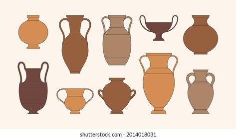 Greek Vases in A Trendy Minimal Linear Style. Vector Illustrations of various Clay Vessels in Terra colors for creating Patterns, Prints, Posters, Collages, Logos, and more.