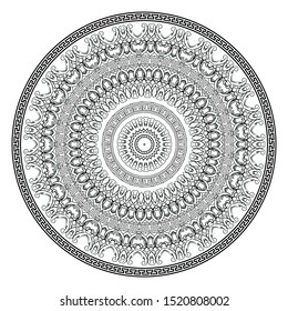 Greek vector black and white round mandala pattern. Ornamental  background with floral baroque and greek frames. Geometric shapes, circles. Vintage flowers, leaves. Greek key meanders ornament