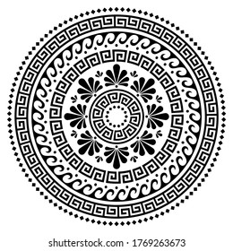 Greek Vector Boho Mandala Design, Round Wave And Key Pattern Art In Circle Isolated On White. Black And White Bohemian Background Inspired By Traditional Art From Greece