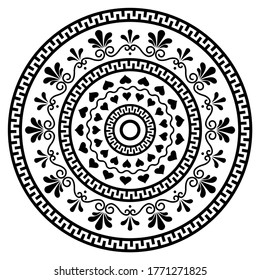 Greek vector boho mandala design with key pattern, flowers and swirls, monchrome yoga pattern. Black and white bohemian decoration inspired by traditional art from Greece
  
 