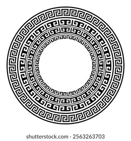 Greek vector boho mandala design, round key pattern art isolated on white. Black and white bohemian background inspired by traditional art from Greece, yoga. Greek fret or Greek key. Circle greek fram