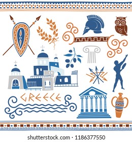 Greek Vector Clipart. Set of Illustrations on Ancient Symbols, Themes and Ornaments 