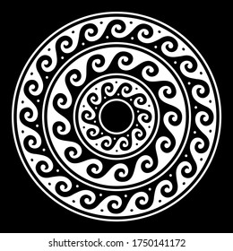 Greek vector mandala, Ancient round meander art in white on black background. Decorative boho background inspired by traditional art form Greece 
 