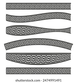 Greek vector patterns. Curved geometric borders. Classic black design. Seamless tile elements.
