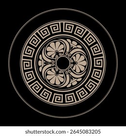 Greek vector round ornament. Ornamental gold pattern on a black background. Round ornament with Greek key meanders. Greek key. Typical egyptian, assyrian motives, circle border. Vector illustration