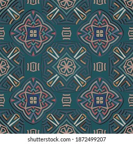 Greek vector seamless pattern. Abstract tribal ethnic style background. Repeat colorful trendy backdrop with lines, mazes, shapes. Greek key meanders geometric modern ornaments. Ornate elegant design.