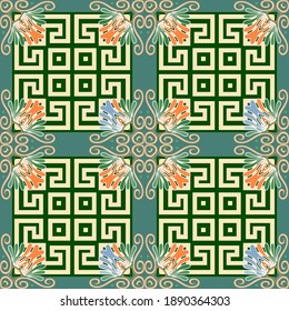 Greek vector seamless pattern. Abstract tribal ethnic style background. Repeat colorful geometric backdrop with lines, mazes, shapes. Greek key, meanders floral ornaments. Modern creative design.