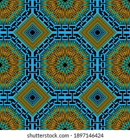 Greek vector seamless pattern. Abstract modern background. Repeat geometric ethnic tribal style backdrop with zigzag lines, shapes, symbols, borders. Greek key, meanders colorful zig zag ornaments.