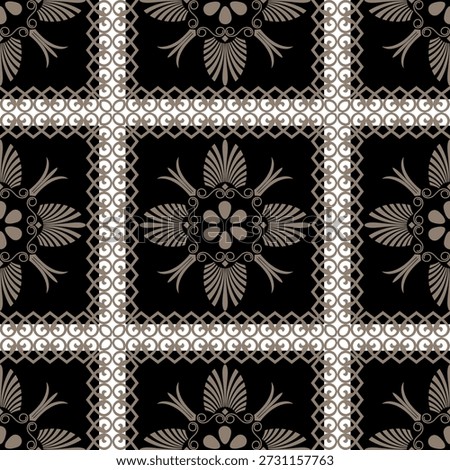 Greek vector seamless pattern in black and gold. Ethnic background. Greek key meander, line, circle, ornament. Typical egyptian, assyrian, greek motive. For tile, embroidery, porcelain, ceramic, plate