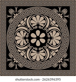 Greek vector seamless pattern. Greek key meanders, floral ornaments. Golden black classic Greek square ornament, Ornamental frames, borders, frames. Ornate greek style background.