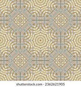 Greek vector seamless pattern with mandalas, rhombus, frames, borders. Repeat tribal ethnic background. Greek key, meanders golden lines ornament.  Geometric modern design. Endless ornate texture.