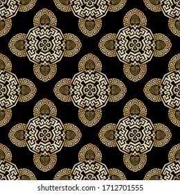 Greek vector seamless pattern. Ornamental geometric ethnic tribal style colorful background. Repeat abstract floral backdrop. Geometric modern greek key meanders ornaments. Beautiful flowers, shapes.