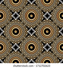 Patrón fluido del vector griego. Antecedentes de mandalas de estilo tribal geométrico ornamental. Repita el fondo floral. Ornamentos geométricos de clave griega. Flores abstractas, formas, zigzag, círculos