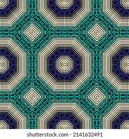 Greek vector seamless pattern. Repeat abstract background. Greek key meanders colorful ornament.  Geometric modern design. Trendy design. Octagons, frames, borders, rhombus, dotted lines, stripes.