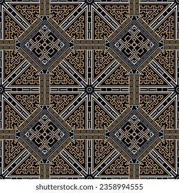 Greek vector seamless pattern. Repeat tribal ethnic background. Greek key, meanders golden lines ornament.  Geometric modern design. Endless texture. Trendy pattern with mandalas, rhombus, frames.