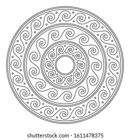 Greek vector stroke mandala, Ancient  round meander art in circle isolated on white perfect for adult coloring books. Black and white background inspired by traditional art from Greece 
  
 