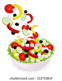 Greek Vegetable salad (pepper, tomatoes, olives, cheese, cucumber) with falling ingredients in bowl (dish). Isolated Vector Illustration on white background