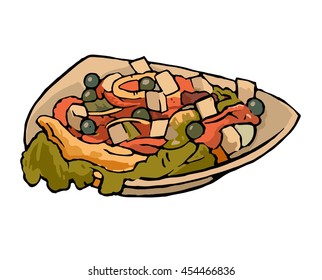 Greek vegetable salad with tomatoes, feta cheese, black olives, peppers on plate. Color vintage vector illustration.