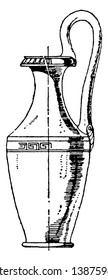 Greek Vessel has a mouth that is pinched in on the sides, this vessel was partly used for secular, vintage line drawing or engraving.