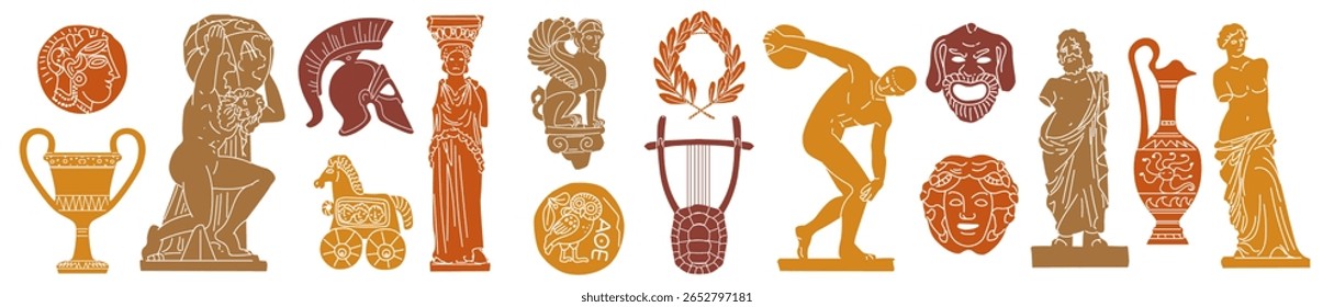 Grego vintage ícones. Selos da cultura antiga. Oliveira, ânfora, capacete guerreiro, coluna. Símbolos da mitologia retrô. Linocut clássico mediterrâneo. Mulheres estátuas de mármore. Conjunto de arte isolada de design vetorial
