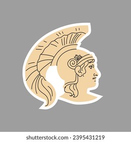 Greek warrior head sticker. Sculpture of a warrior in a helmet. Antique portrait. Theseus is a character of ancient Greek mythology. Element in beige color. Hand drawn. Vector illustration.  