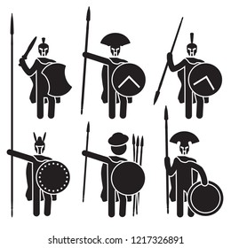 Greek Warriors Icon Set. Spartans, Macedonian Phalanx And Others. Vector.