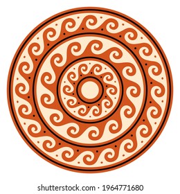 	
Greek wave vector mandala, ancient round meander art in circle, orange design isolated on white. Round geometric background inspired by traditional old art from Greece 
