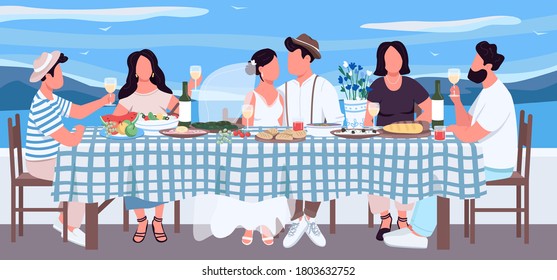 Greek wedding flat color vector illustration. Groom and bride at table with friends. Banquet for festive dinner. Celebrate together. Relative 2D cartoon characters with landscape on background