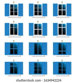 greek white and blue window vector illustration with lamp