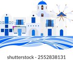 Greek white houses and sea. Typical blue and white Greek island landscape. Vector illustration.