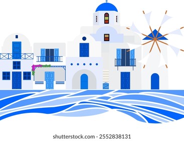 Greek white houses and sea. Typical blue and white Greek island landscape. Vector illustration.