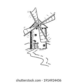 Greek windmill  sketch vector illustration isolated on white background. Mill freehand pencil drawing. Bakery shop, organic agricultural production, ecological food, hand drawn vintage style.