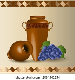 Greek wine vase. Viticulture. Winemaking. Antique amphora. Vector illustration..